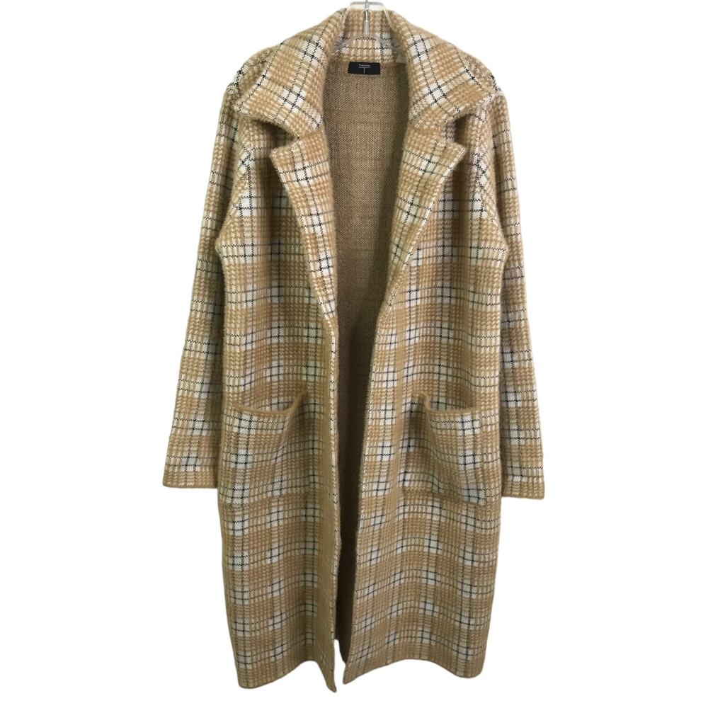 Tahari Sweater Coat Womens Sz L Tan White Plaid Jacket Knit Collared Open Front